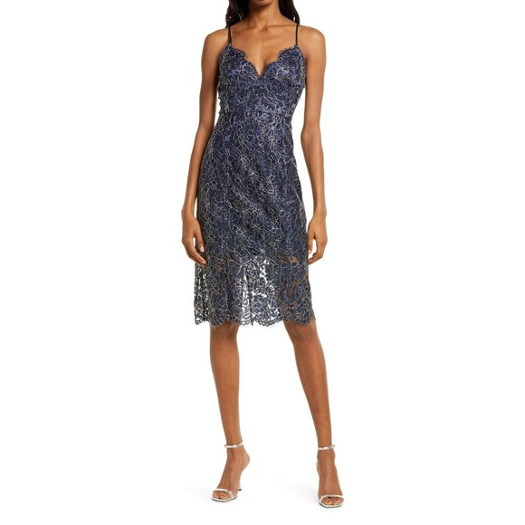 Chelsea28 Lace Sweetheart Sheath Midi Cocktail Dress Women's M Navy Metallic - Picture 1 of 5
